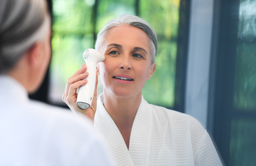 A close-up of a woman (40s–50s) smiling naturally, with healthy, firm skin