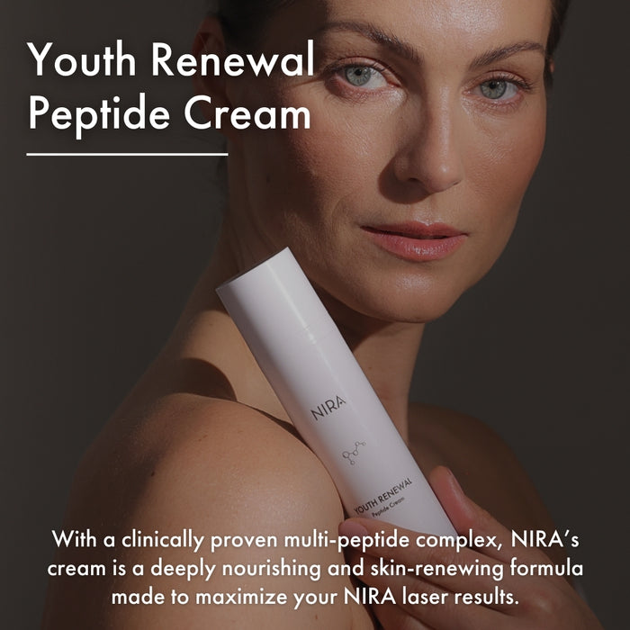 Woman holding NIRA's Youth Renewal Peptide Cream made to maximize laser treatment results