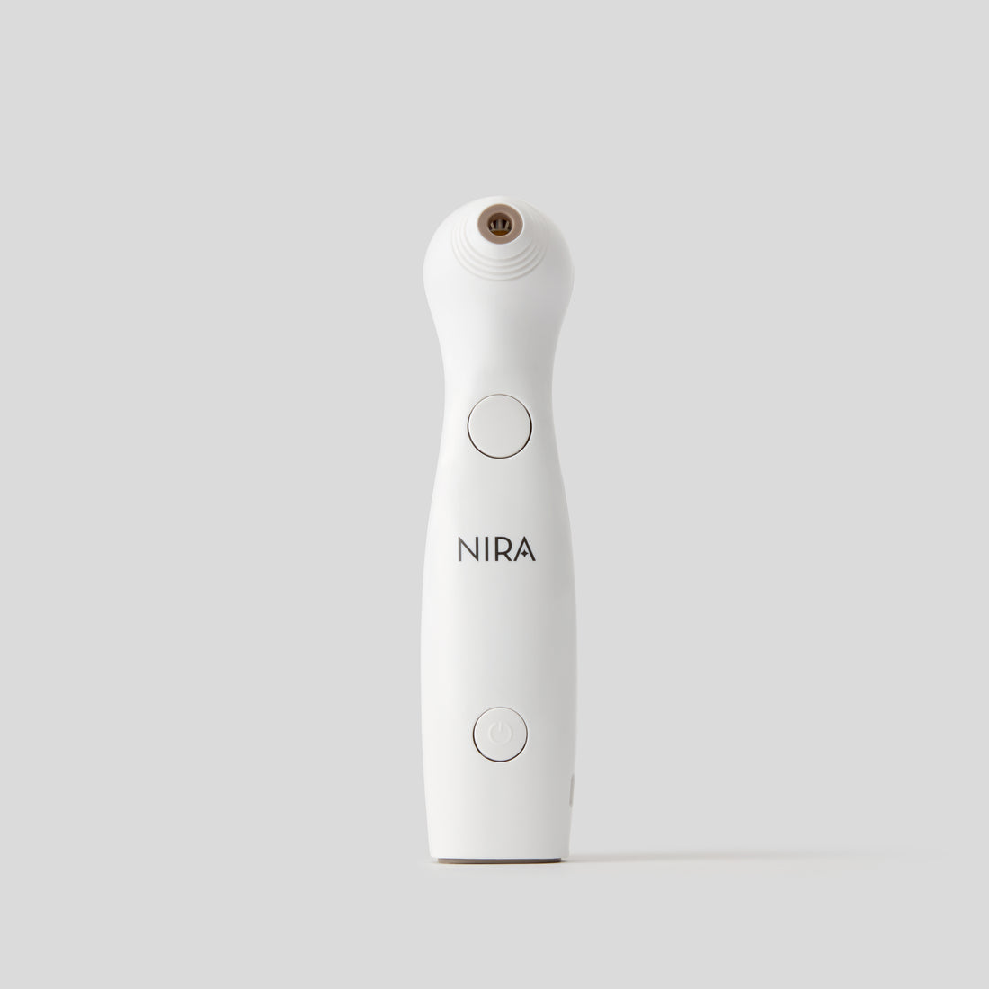 White nira precision laser facial device with sleek ergonomic design and two circular buttons on its body