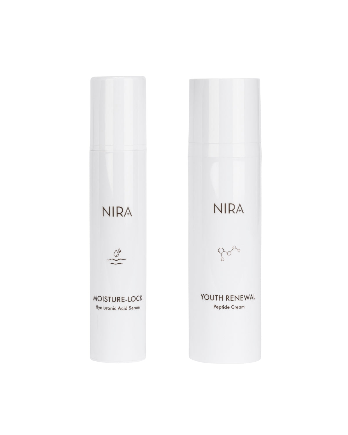 Two NIRA skincare products on a white background