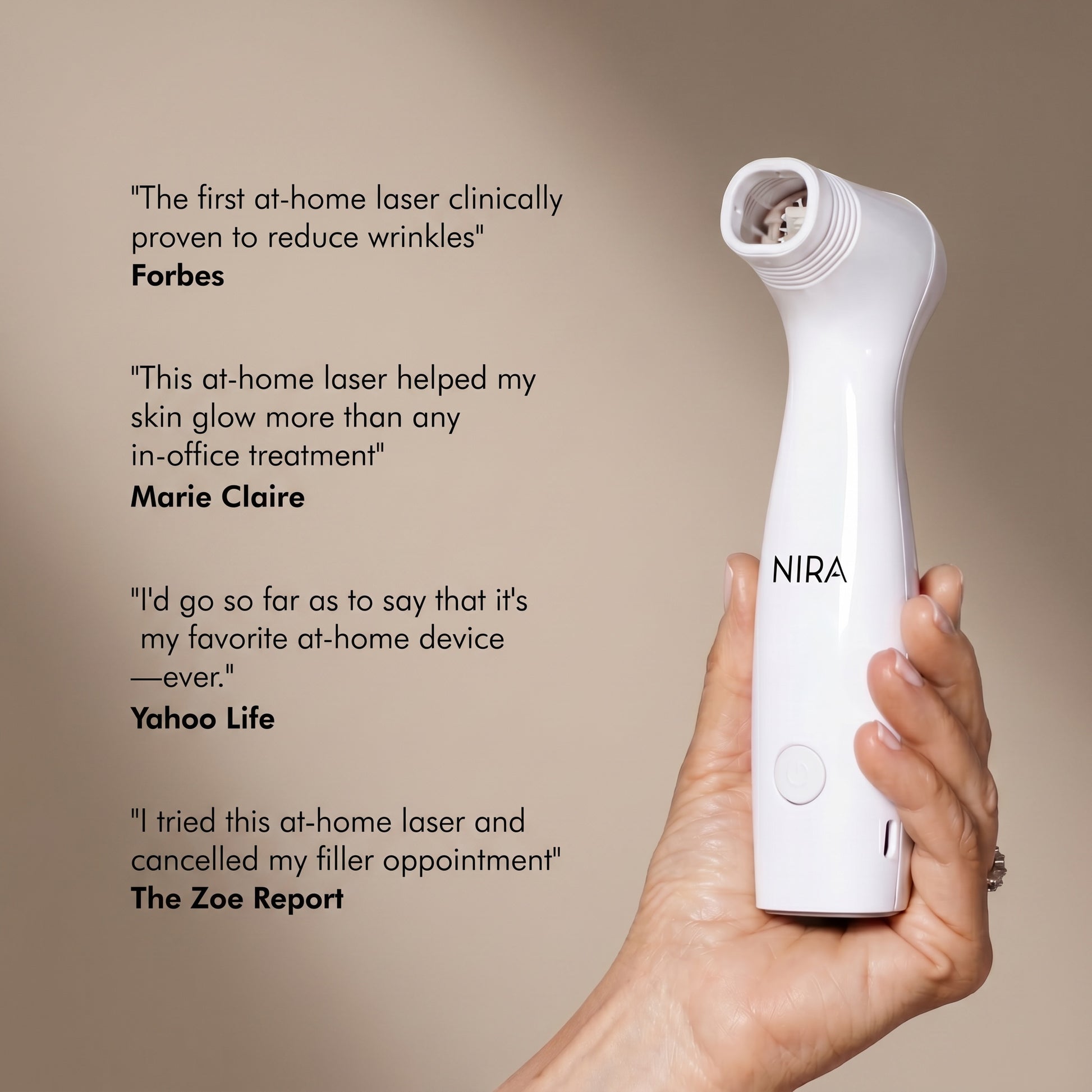 White NIRA Pro 3 laser device with a sleek ergonomic design and rounded tip for at-home facial use