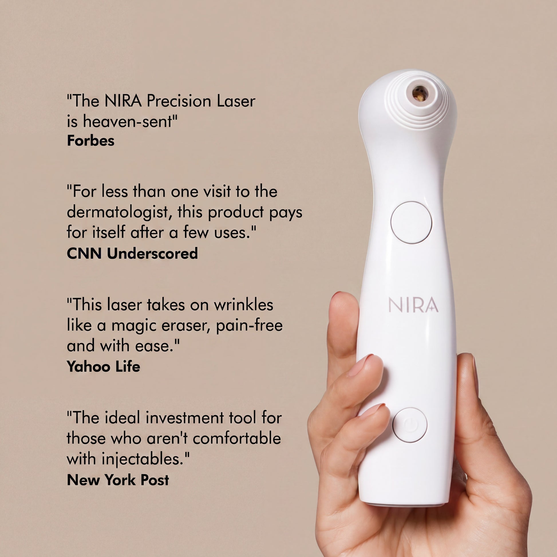 White nira precision laser device with sleek ergonomic design and two circular buttons on its handle for accurate use