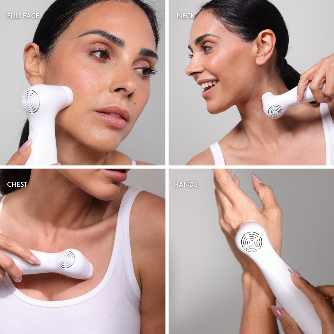 Woman using NIRA Pro Laser (10% OFF) device on face, neck, chest, and hands for skincare treatment