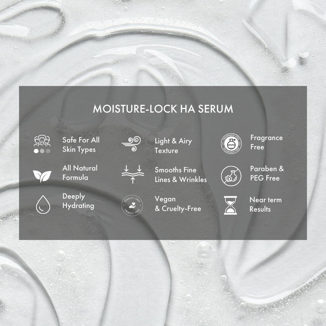 Features of the Moisture Lock HA Serum included in NIRA's Ultimate Anti-Aging Collection