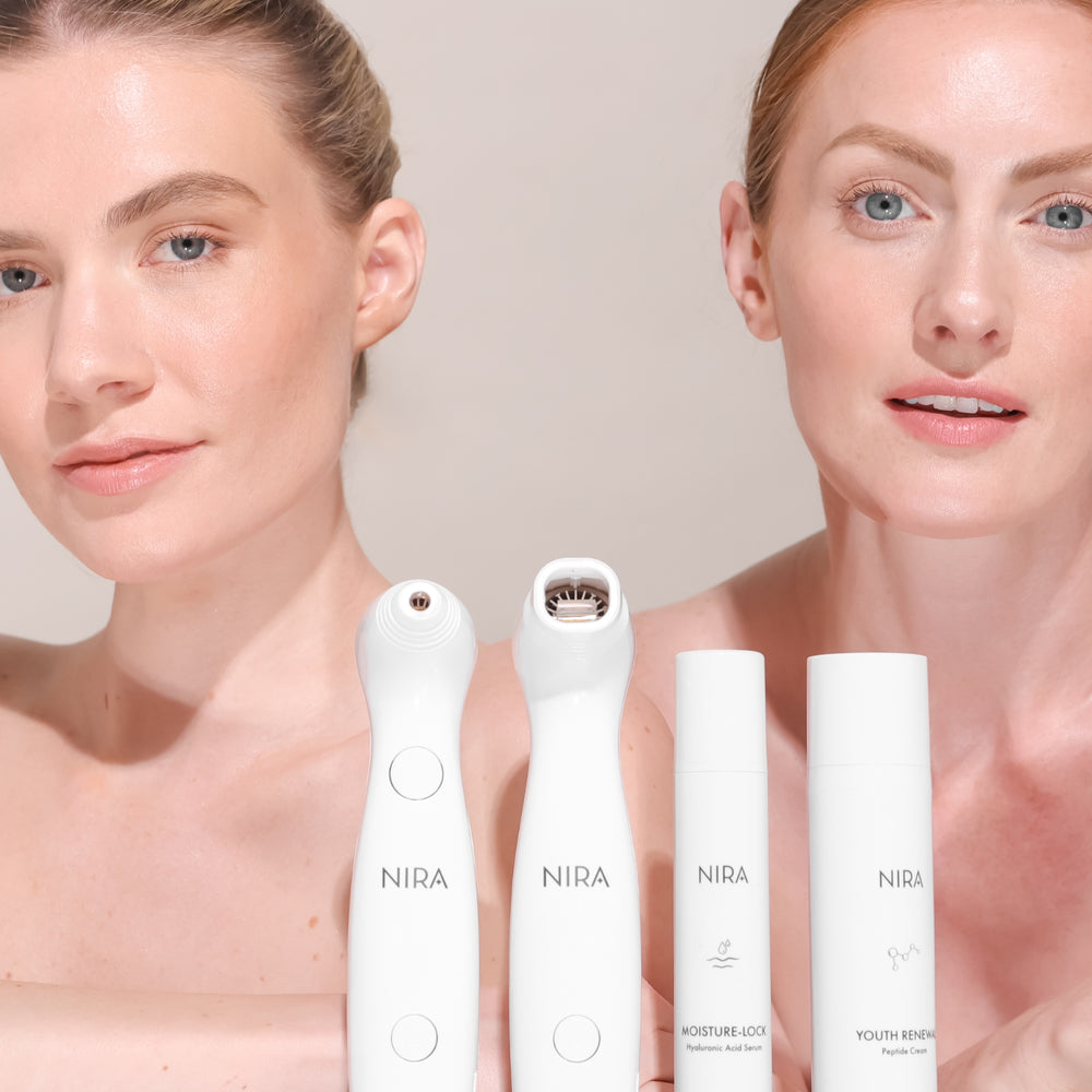 Two women with youthful skin using an at-home anti-aging skin treatment